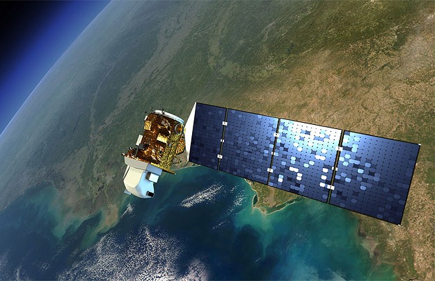 Artist's impression of Landsat 8 in orbit with the Earth below.