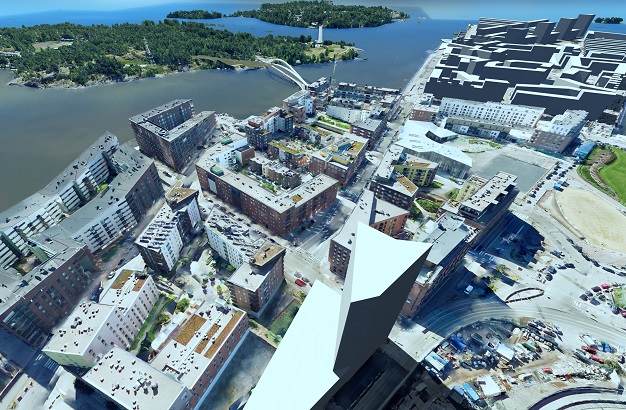 Aerial 3D digital view of buildings in Helsinki